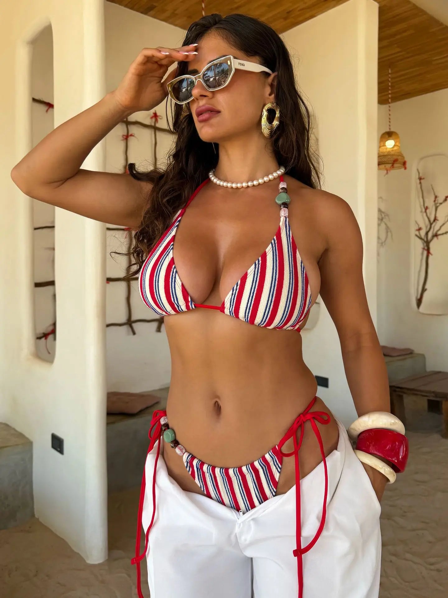 Red Striped Micro Bikini Ribbed Stone Strap Push Up Bra Thong Swimsuit Bathing Suit Vacation Swimwear 2026
