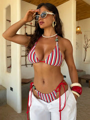 Red Striped Micro Bikini Ribbed Stone Strap Push Up Bra Thong Swimsuit Bathing Suit Vacation Swimwear 2026