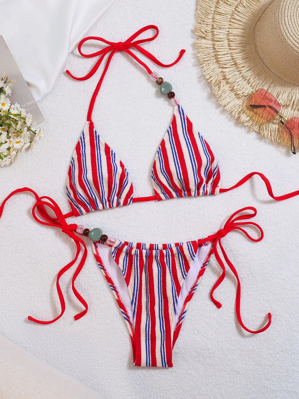 Red Striped Micro Bikini Ribbed Stone Strap Push Up Bra Thong Swimsuit Bathing Suit Vacation Swimwear 2026