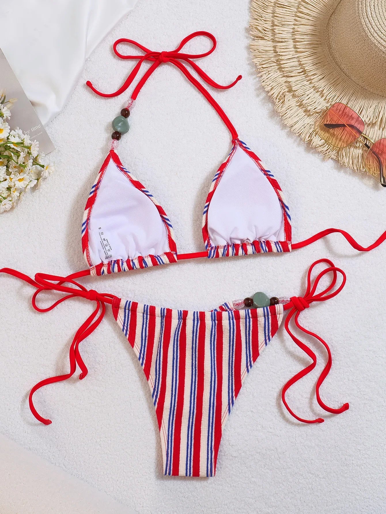 Red Striped Micro Bikini Ribbed Stone Strap Push Up Bra Thong Swimsuit Bathing Suit Vacation Swimwear 2026