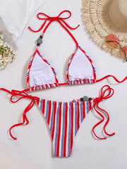 Red Striped Micro Bikini Ribbed Stone Strap Push Up Bra Thong Swimsuit Bathing Suit Vacation Swimwear 2026