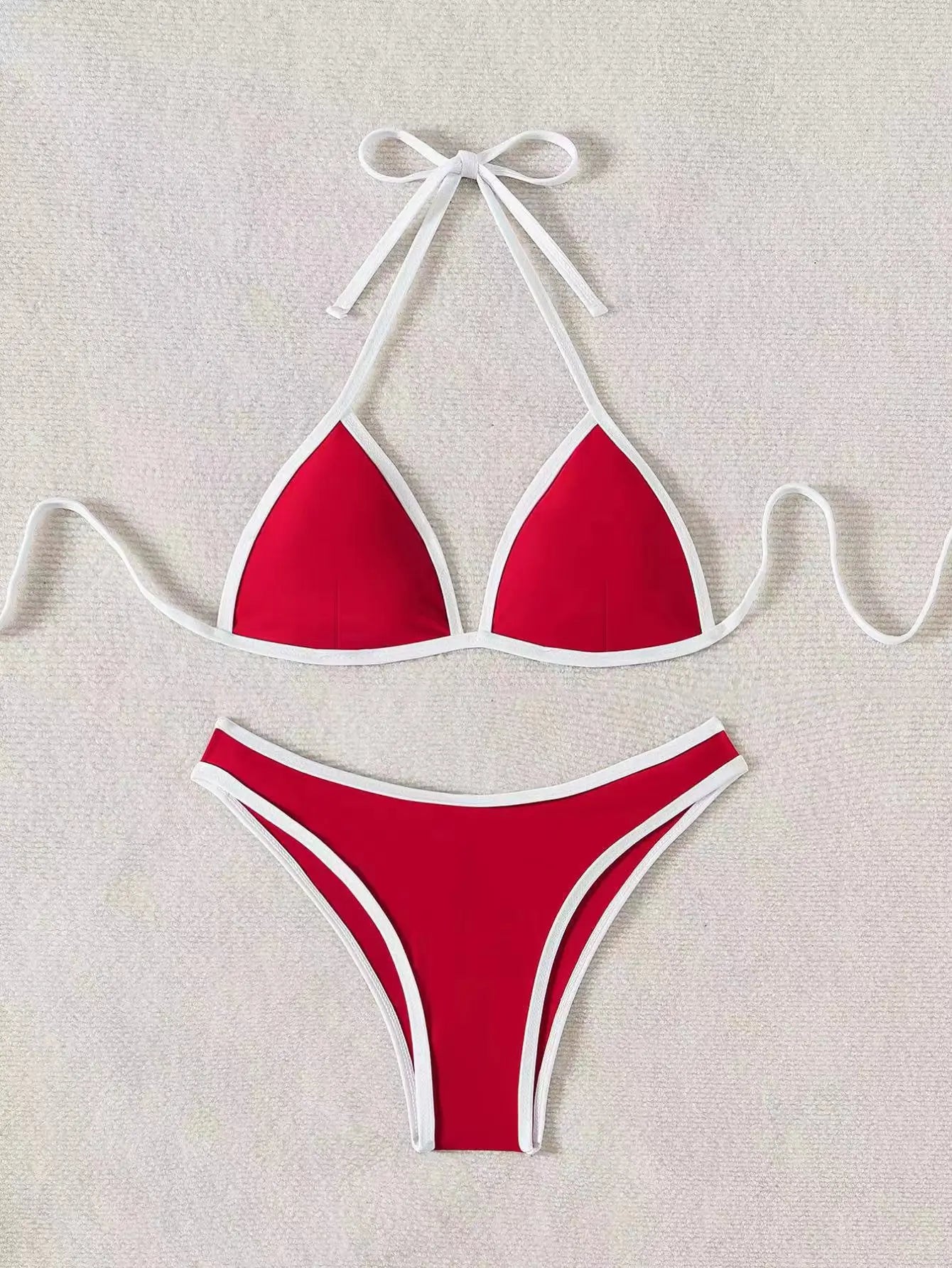 Red Swimsuit Halter Push Up Bra Thong Swimwear Holiday Bikinis Sets