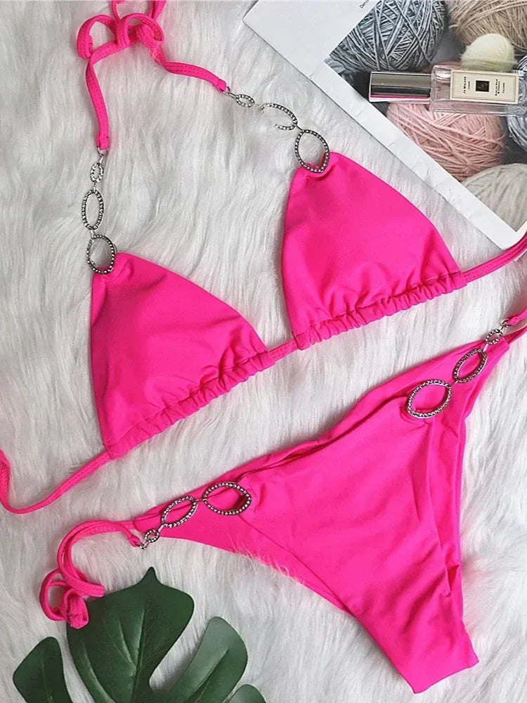 Rhinestone Bikini Solid Purple Metal Chain Swimsuit Brazilian Beach Bathing Suit Thong Swimwear
