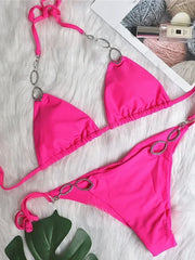 Rhinestone Bikini Solid Purple Metal Chain Swimsuit Brazilian Beach Bathing Suit Thong Swimwear