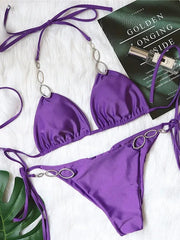 Rhinestone Bikini Solid Purple Metal Chain Swimsuit Brazilian Beach Bathing Suit Thong Swimwear
