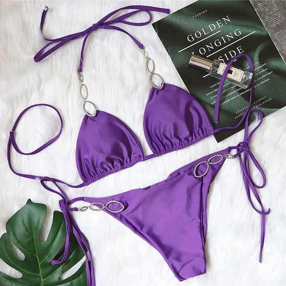 Rhinestone Bikini Solid Purple Metal Chain Swimsuit Brazilian Beach Bathing Suit Thong Swimwear