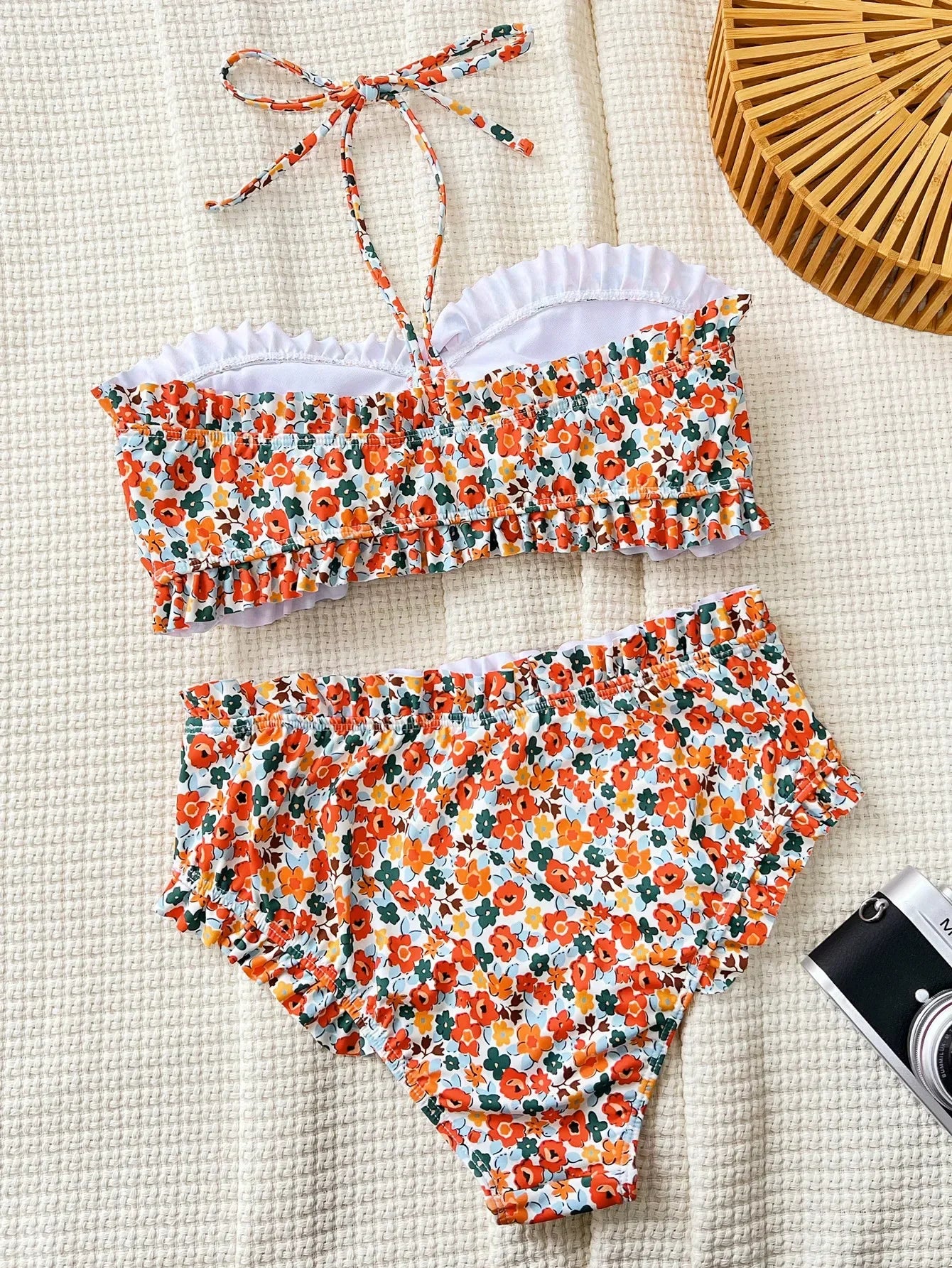 Ruffles Bikini Bandeau Orange Floral Print Front Bow Push Up Two Piece Swimsuit Bathing Suit Swimwear