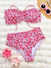 Ruffles Bikini Bandeau Orange Floral Print Front Bow Push Up Two Piece Swimsuit Bathing Suit Swimwear
