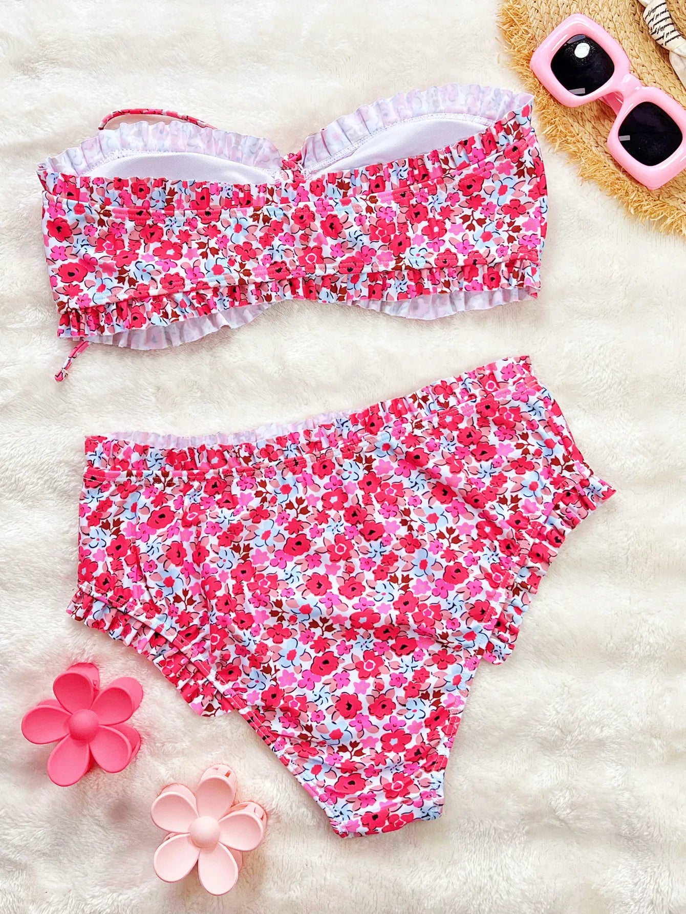 Ruffles Bikini Bandeau Orange Floral Print Front Bow Push Up Two Piece Swimsuit Bathing Suit Swimwear