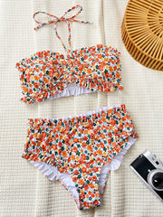 Ruffles Bikini Bandeau Orange Floral Print Front Bow Push Up Two Piece Swimsuit Bathing Suit Swimwear