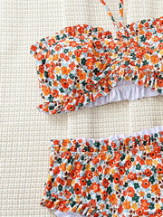 Ruffles Bikini Bandeau Orange Floral Print Front Bow Push Up Two Piece Swimsuit Bathing Suit Swimwear
