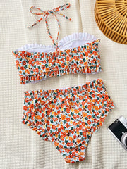 Ruffles Bikini Bandeau Orange Floral Print Front Bow Push Up Two Piece Swimsuit Bathing Suit Swimwear