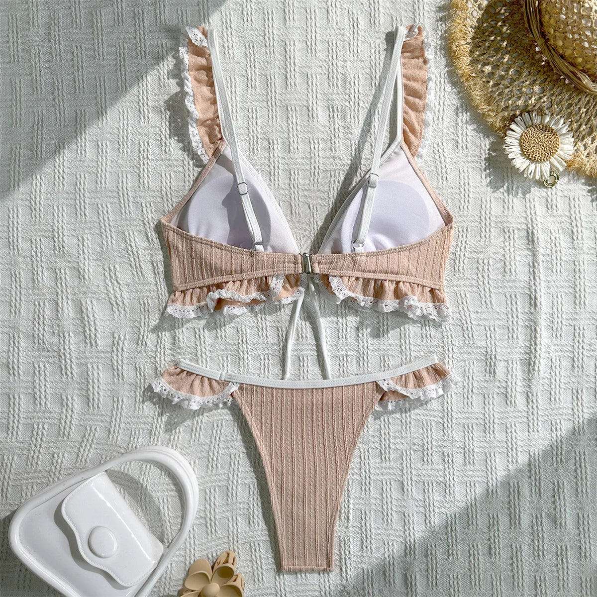 Ruffles Front Tie Lace Patchwork Bikini Set