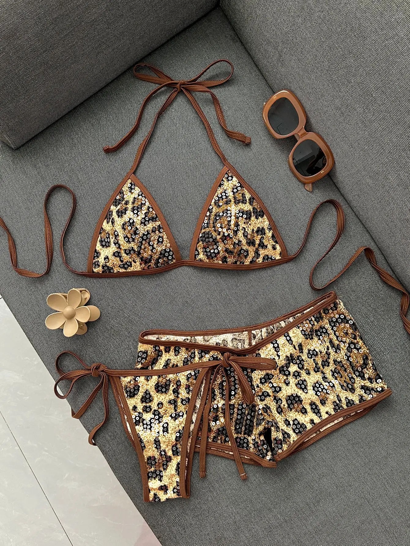 Sequin Coffee Leopard Print Holiday Bikini Set