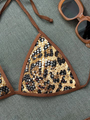 Sequin Coffee Leopard Print Holiday Bikini Set