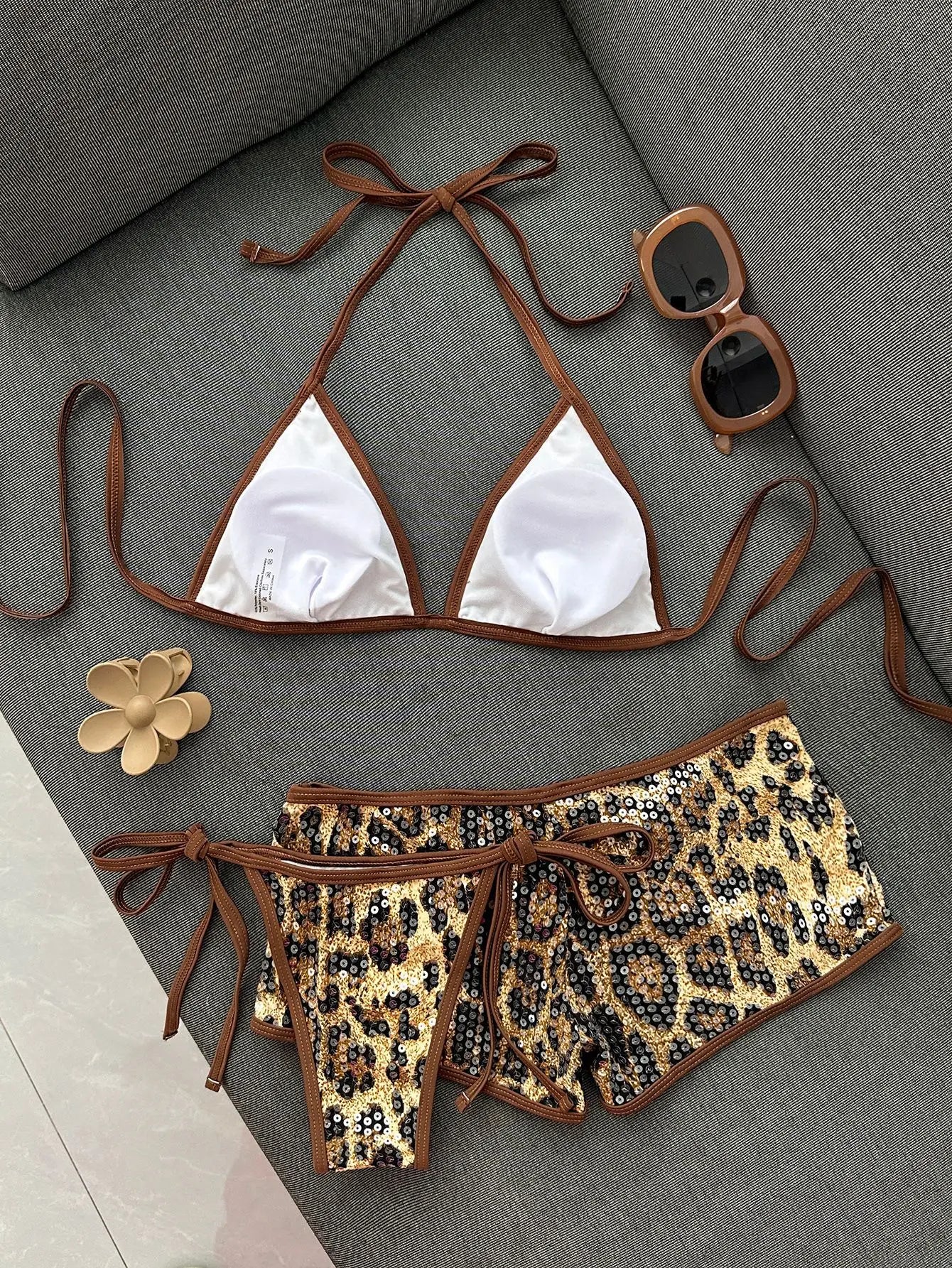 Sequin Coffee Leopard Print Holiday Bikini Set