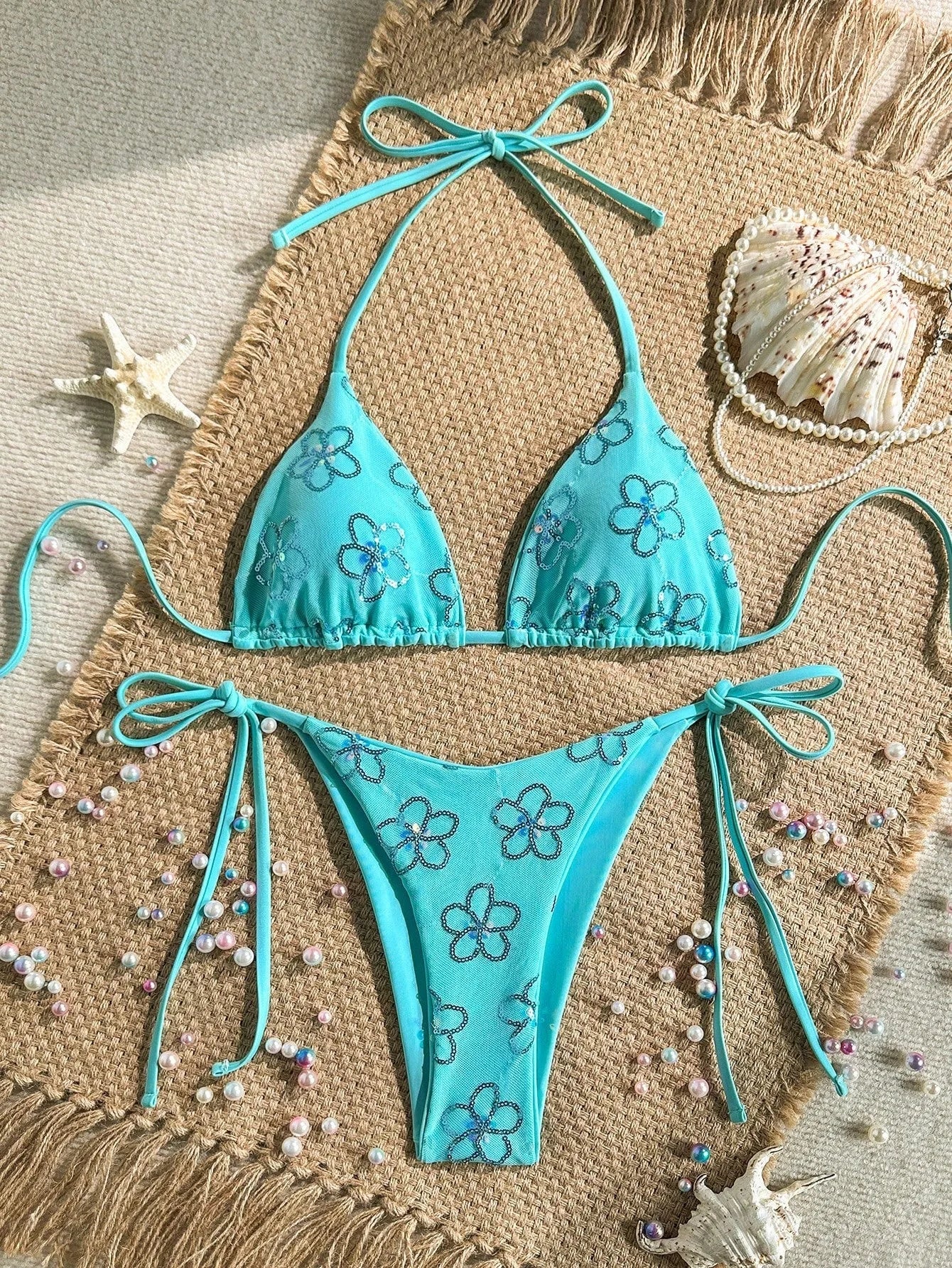 Sequin Floral Micro Bikini Set