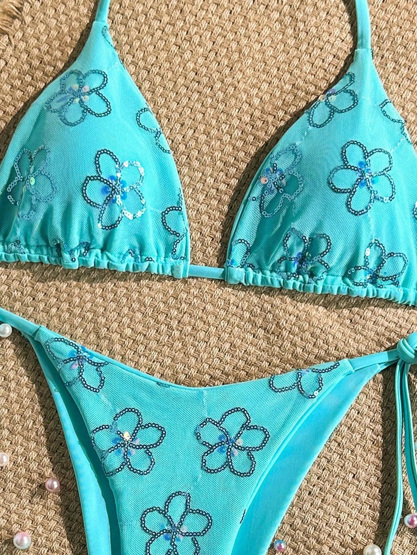 Sequin Floral Micro Bikini Set