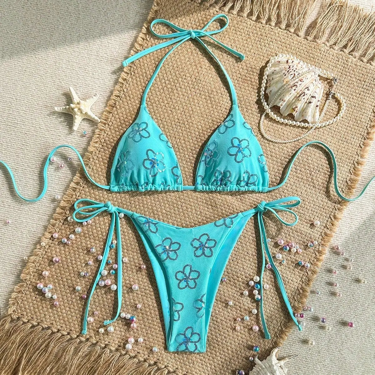 Sequin Floral Micro Bikini Set