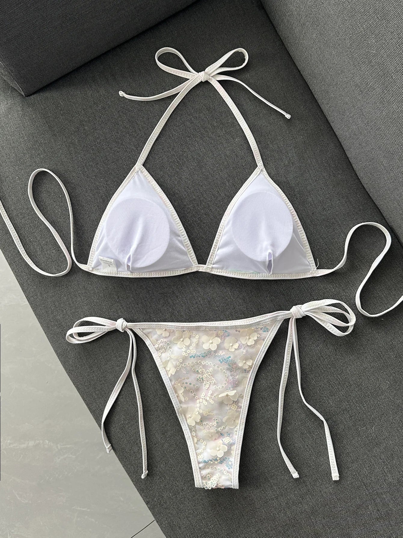 Shiny Sequin Green Flower Mesh Embroidery Bikini Set