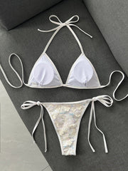 Shiny Sequin Green Flower Mesh Embroidery Bikini Set