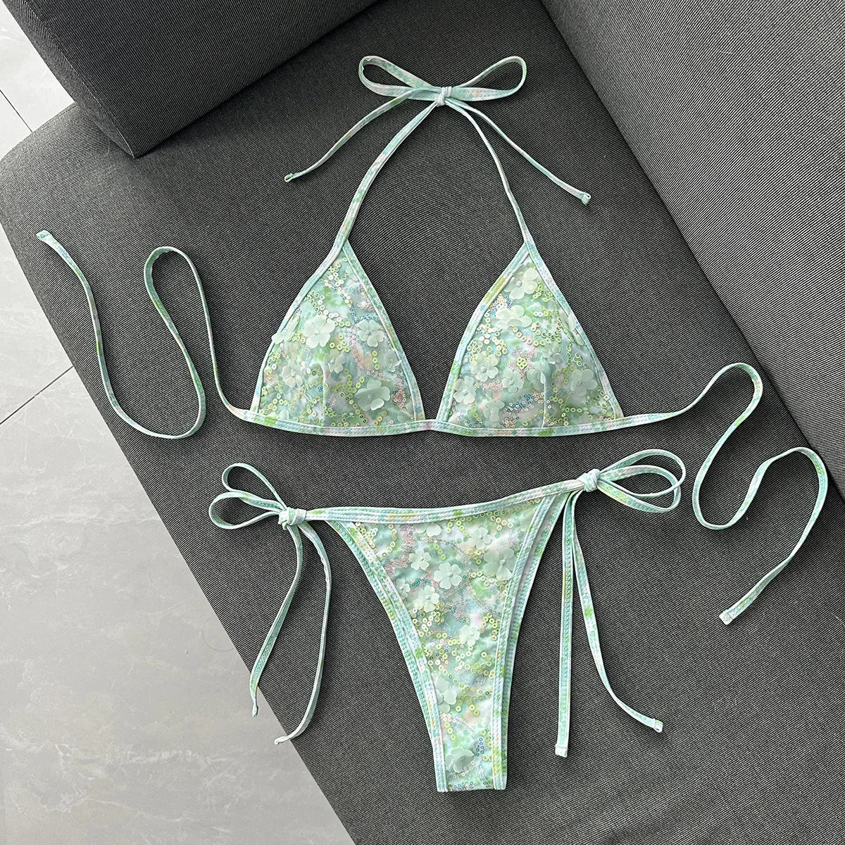 Shiny Sequin Green Flower Mesh Embroidery Bikini Set