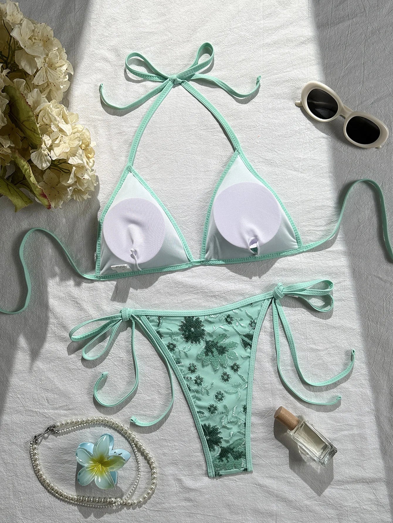 Shiny Sequin Green Flower Mesh Embroidery Bikini Set