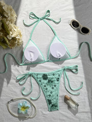 Shiny Sequin Green Flower Mesh Embroidery Bikini Set