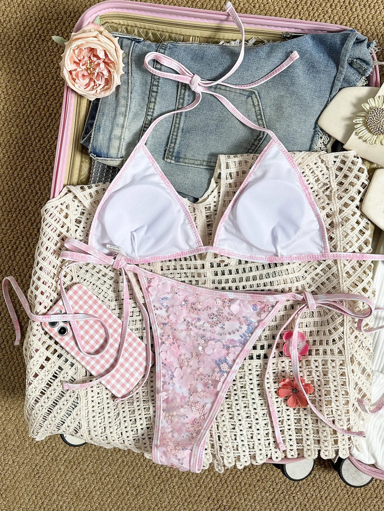 Shiny Sequin Green Flower Mesh Embroidery Bikini Set