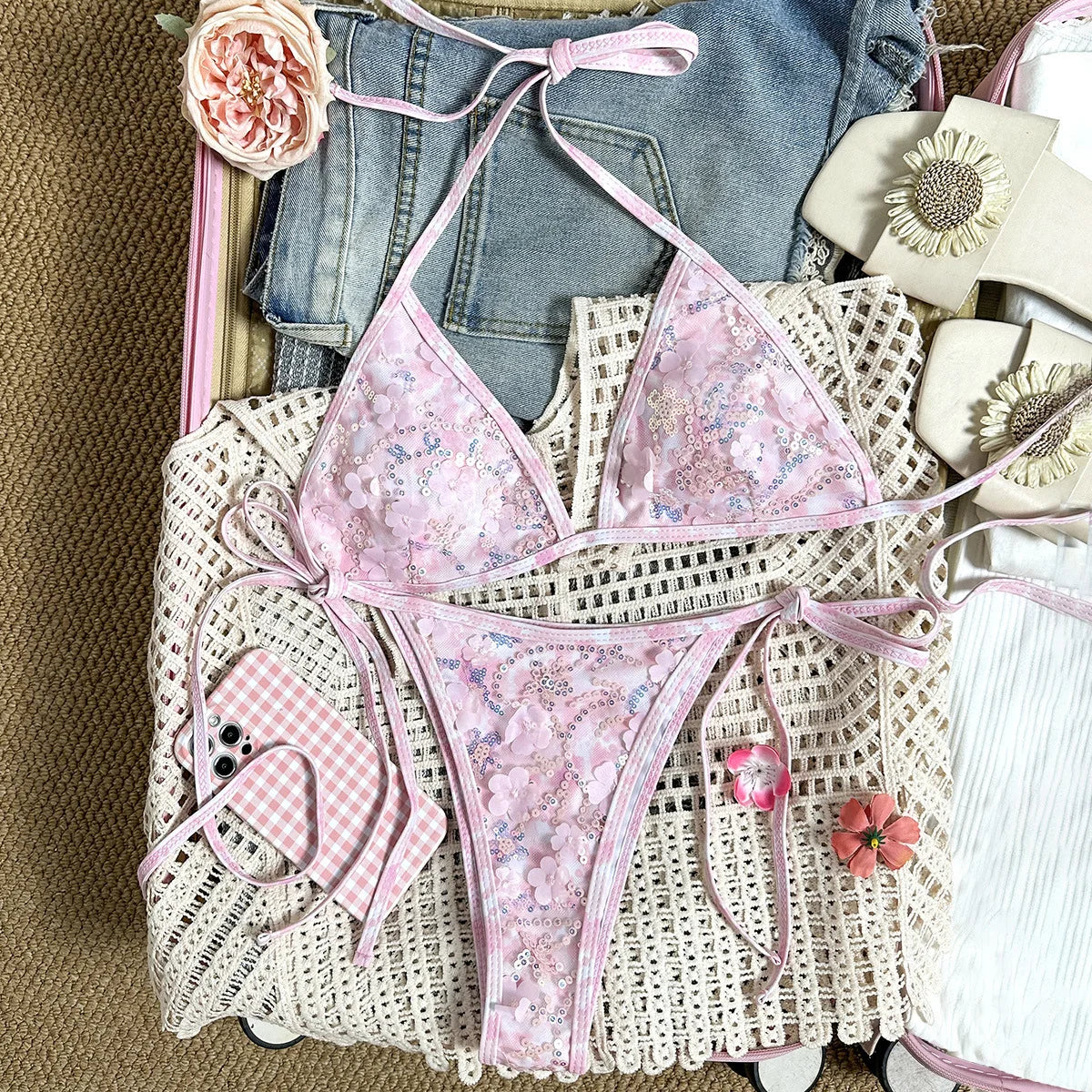 Shiny Sequin Green Flower Mesh Embroidery Bikini Set