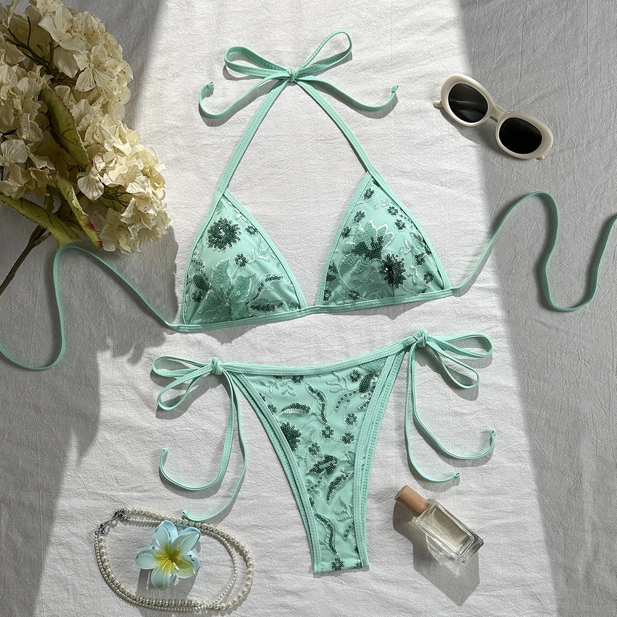 Shiny Sequin Green Flower Mesh Embroidery Bikini Set