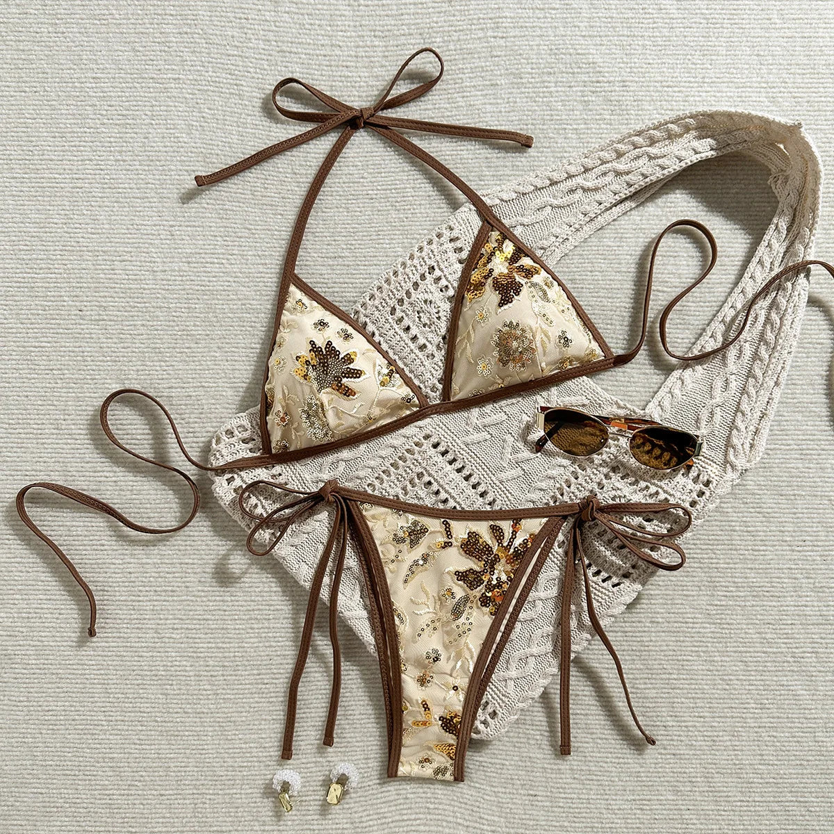 Shiny Sequin Green Flower Mesh Embroidery Bikini Set