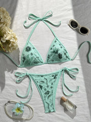 Shiny Sequin Green Flower Mesh Embroidery Bikini Set