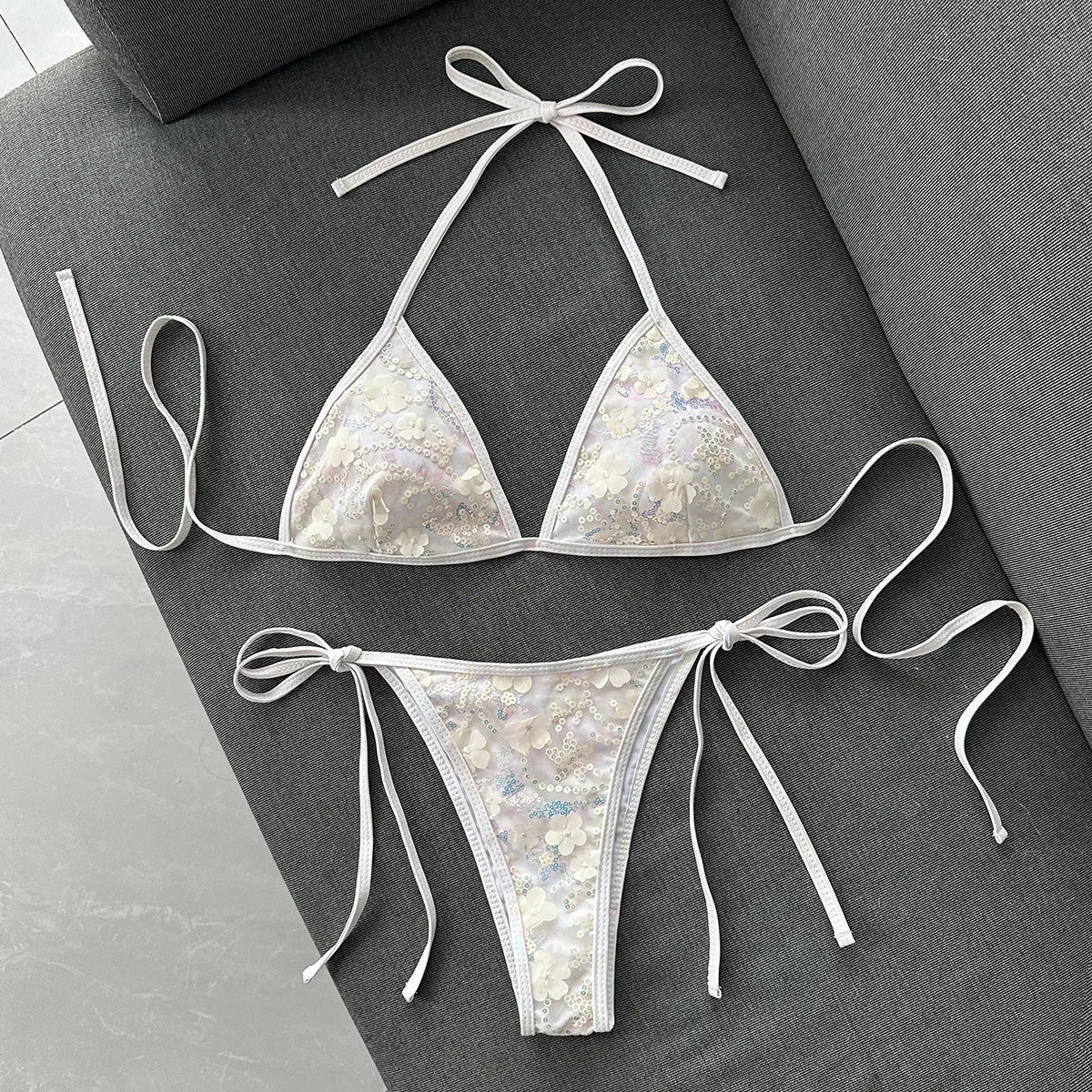 Shiny Sequin Green Flower Mesh Embroidery Bikini Set