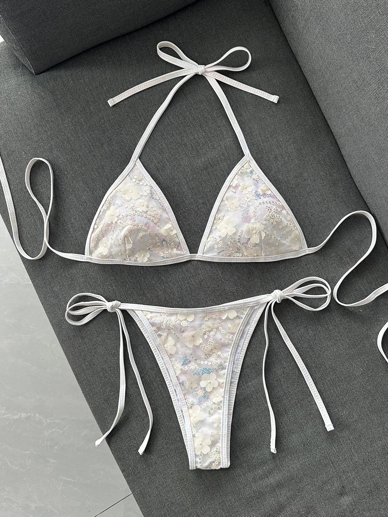 Shiny Sequin Green Flower Mesh Embroidery Bikini Set