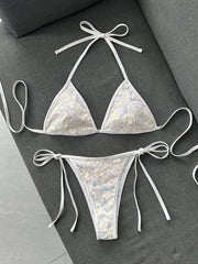 Shiny Sequin Green Flower Mesh Embroidery Bikini Set
