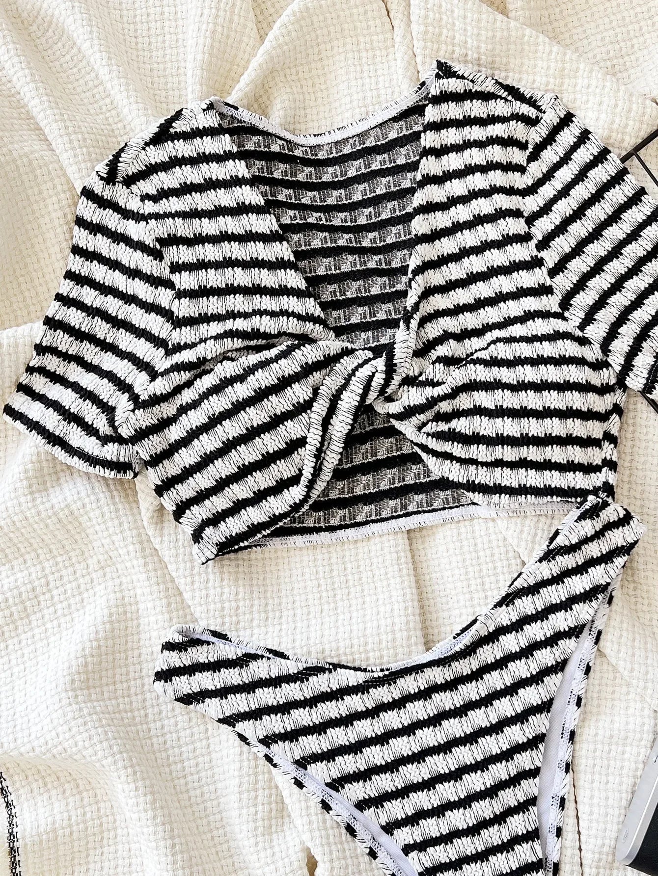 Short Sleeve Bikini Swimwear Black White Contrast  Front Bow Cross Push Up Holiday High Waist Swimsuit