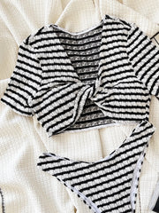 Short Sleeve Bikini Swimwear Black White Contrast  Front Bow Cross Push Up Holiday High Waist Swimsuit