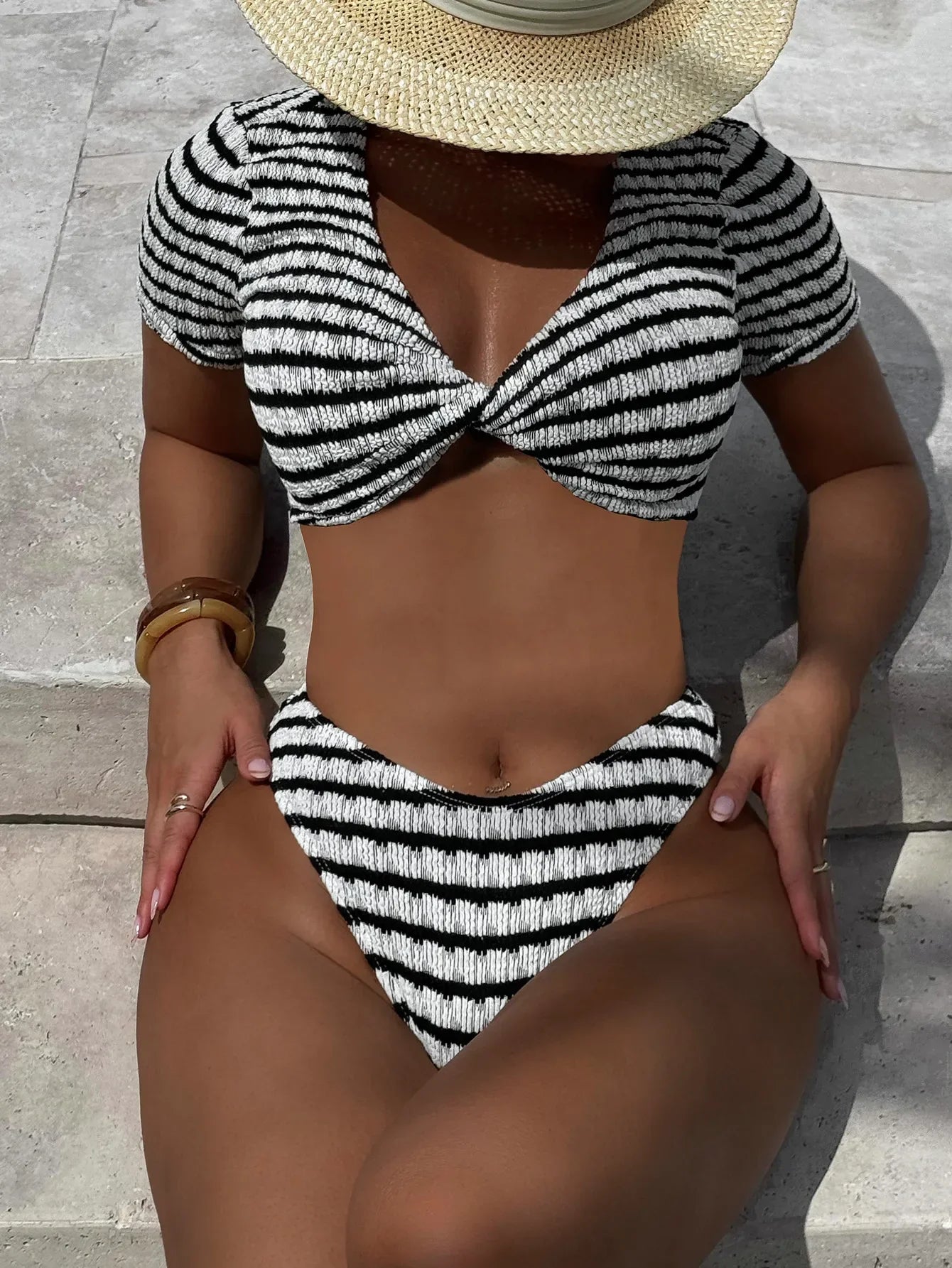 Short Sleeve Bikini Swimwear Black White Contrast  Front Bow Cross Push Up Holiday High Waist Swimsuit