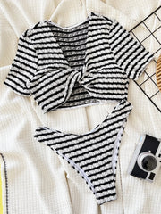 Short Sleeve Bikini Swimwear Black White Contrast  Front Bow Cross Push Up Holiday High Waist Swimsuit