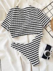 Short Sleeve Bikini Swimwear Black White Contrast  Front Bow Cross Push Up Holiday High Waist Swimsuit