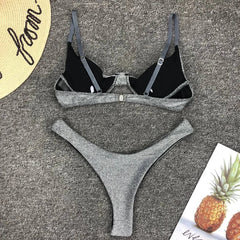 Silver Glitter Bikini Swimwear Push Up Cut Out Underwire Thong Swimsuit Brazilian Bathing Suit Biquini