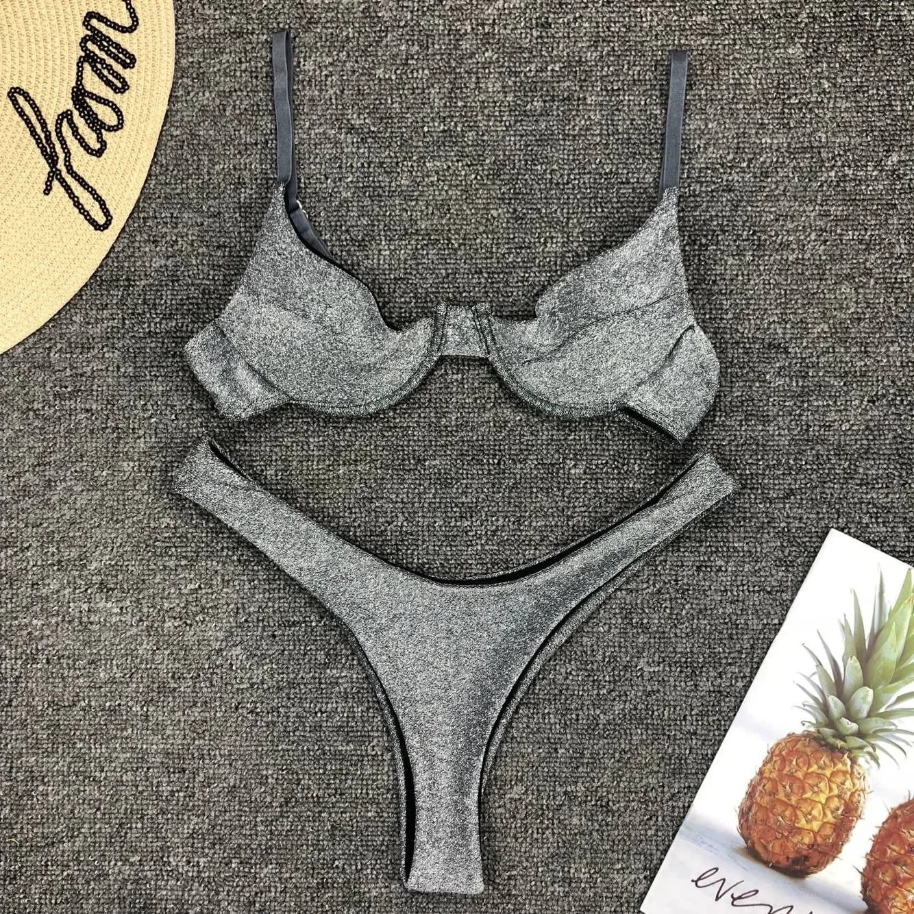 Silver Glitter Bikini Swimwear Push Up Cut Out Underwire Thong Swimsuit Brazilian Bathing Suit Biquini