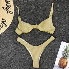Silver Glitter Bikini Swimwear Push Up Cut Out Underwire Thong Swimsuit Brazilian Bathing Suit Biquini