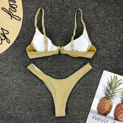 Silver Glitter Bikini Swimwear Push Up Cut Out Underwire Thong Swimsuit Brazilian Bathing Suit Biquini