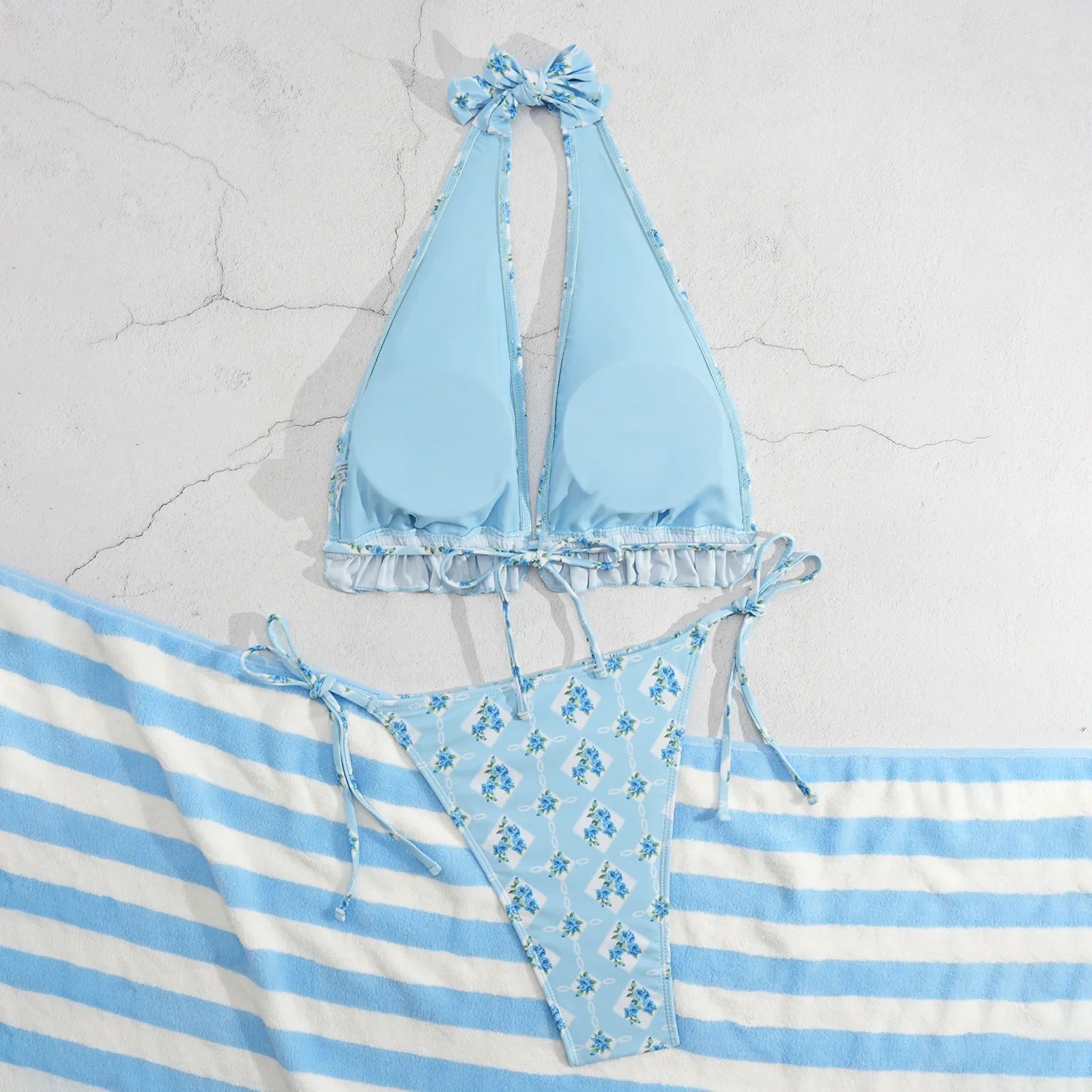 Sky Blue Floral Print Micro Bikini Halter V Neck Pleate Push Up Bra Thong Swimsuit Beach Bathing Suit Swimwear