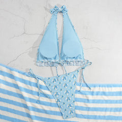 Sky Blue Floral Print Micro Bikini Halter V Neck Pleate Push Up Bra Thong Swimsuit Beach Bathing Suit Swimwear