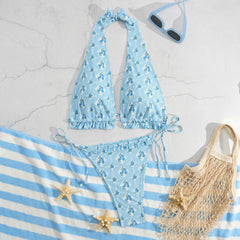 Sky Blue Floral Print Micro Bikini Halter V Neck Pleate Push Up Bra Thong Swimsuit Beach Bathing Suit Swimwear