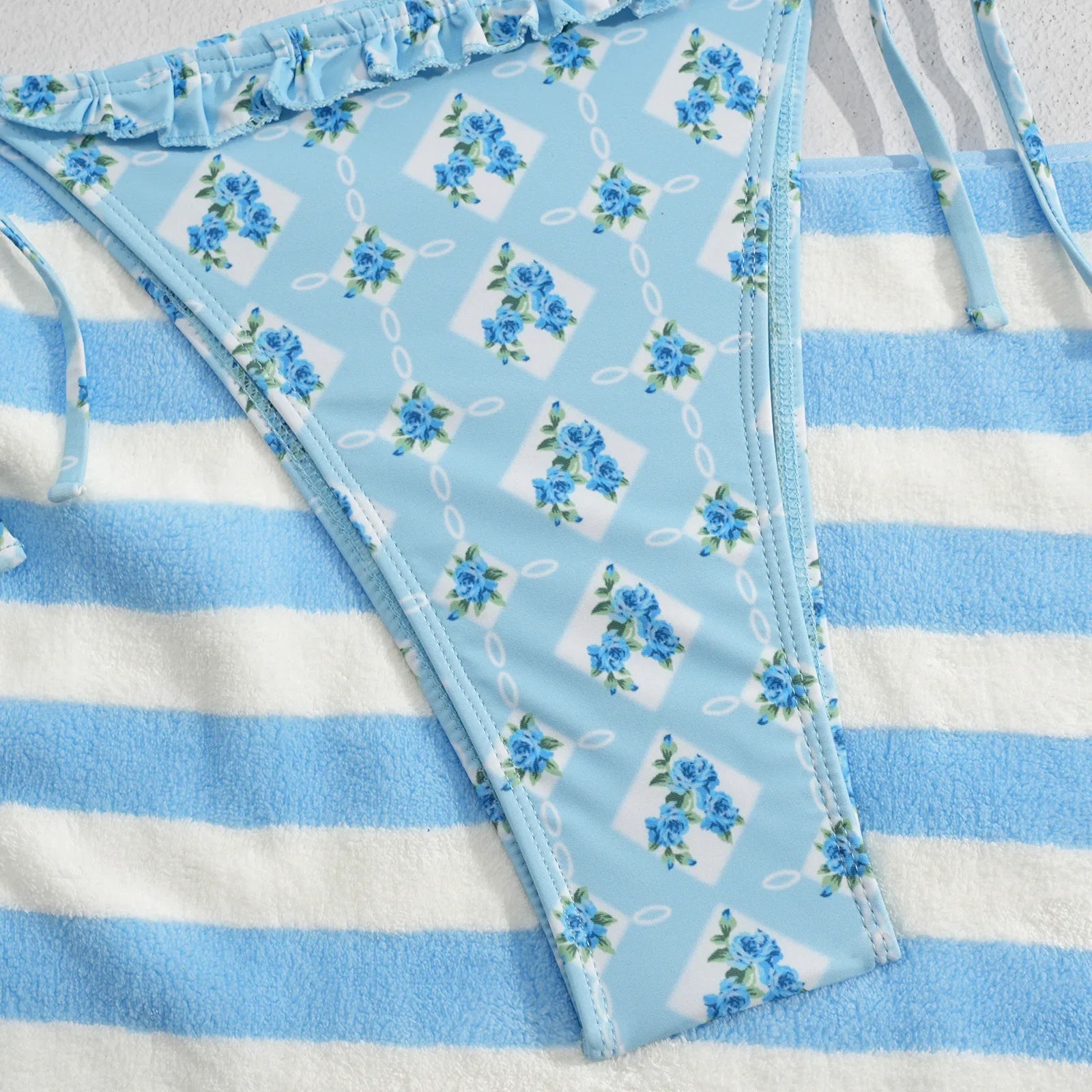 Sky Blue Floral Print Micro Bikini Halter V Neck Pleate Push Up Bra Thong Swimsuit Beach Bathing Suit Swimwear