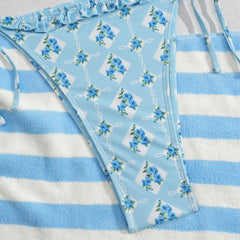 Sky Blue Floral Print Micro Bikini Halter V Neck Pleate Push Up Bra Thong Swimsuit Beach Bathing Suit Swimwear